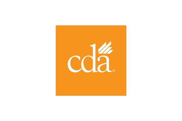 Orange square logo with white “cda” lettering and stylized sunburst icon