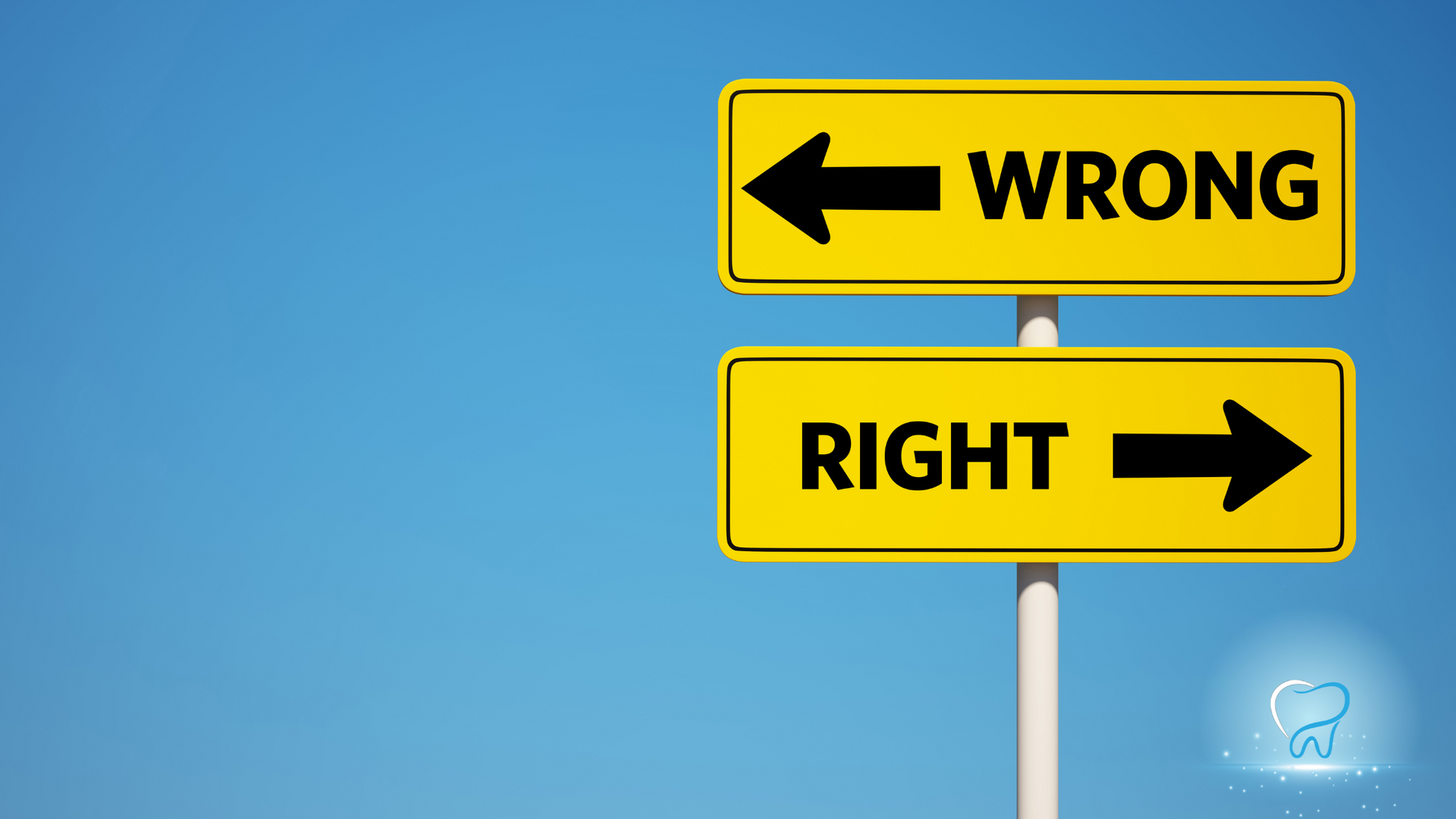 Two yellow road signs: top says WRONG with left arrow, bottom says RIGHT with right arrow.