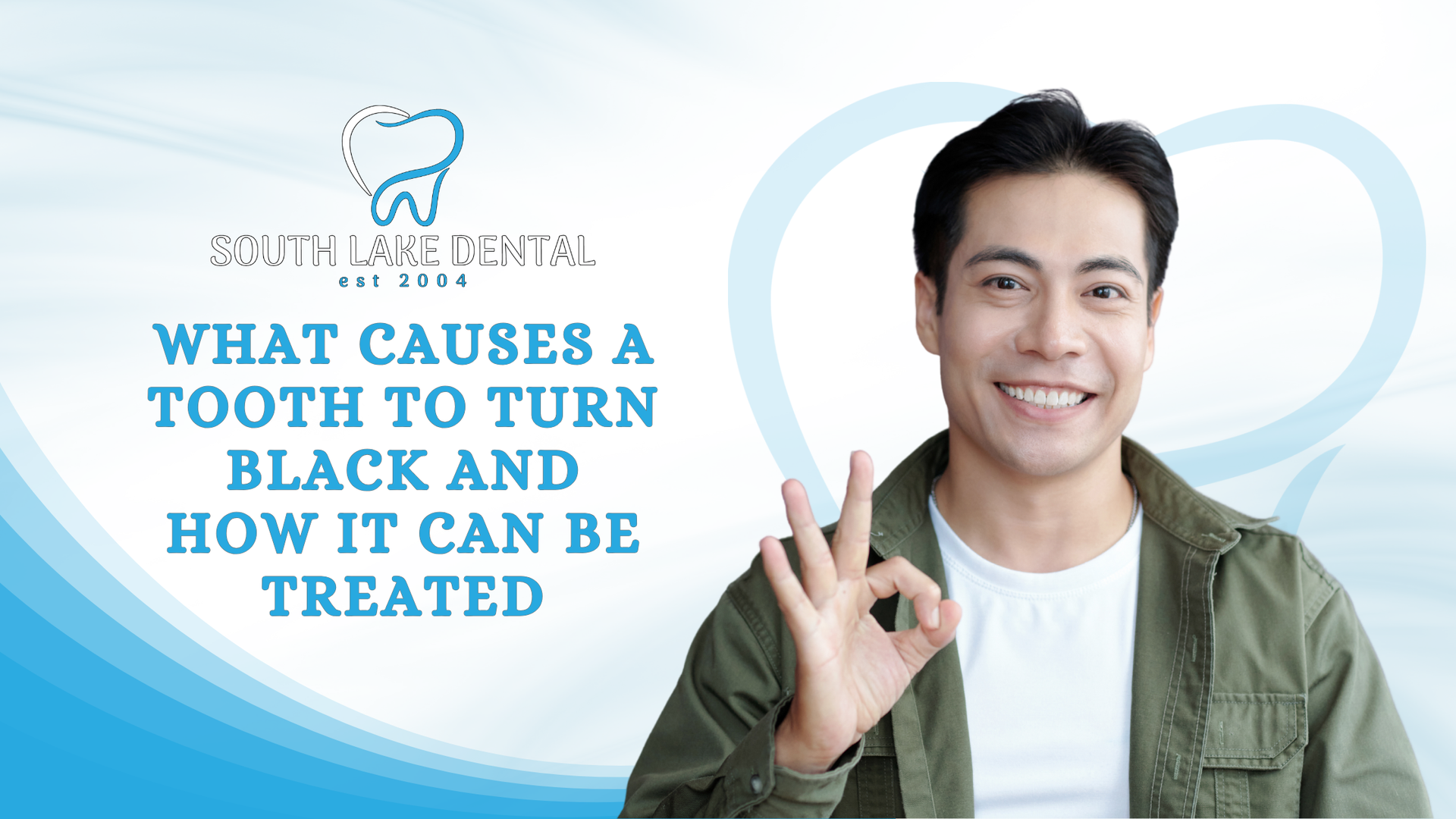 Dental clinic promo with smiling man, blue background, and text: causes of black tongue and treatment
