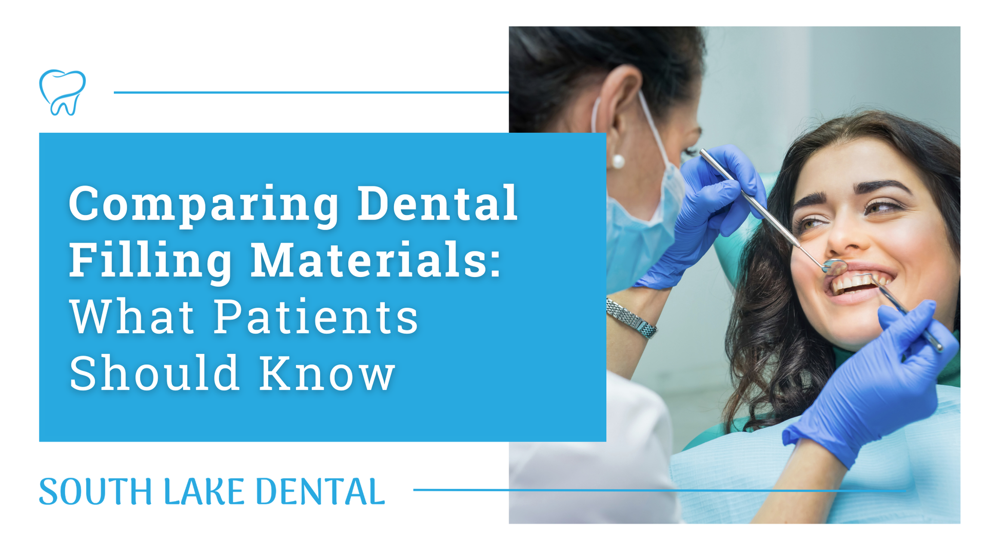 Dental hygienist examining smiling patient with text: 