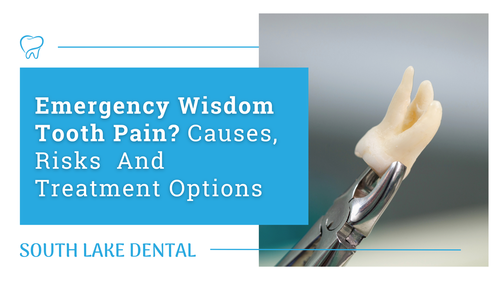 Emergency wisdom tooth pain article graphic with dental tool and white tooth on blue background