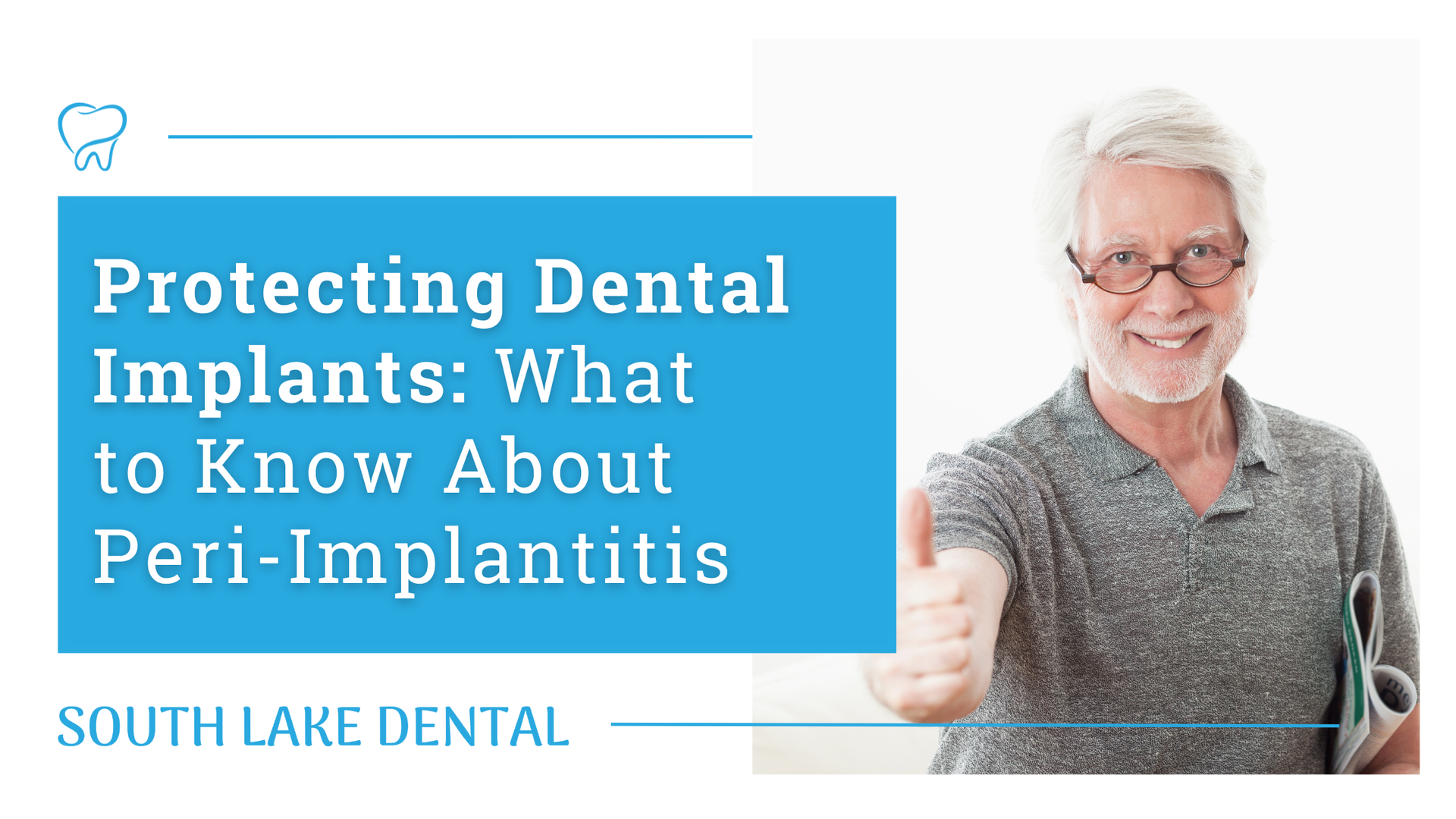 Blue dental banner about protecting implants from peri-implantitis, with smiling doctor on the right.