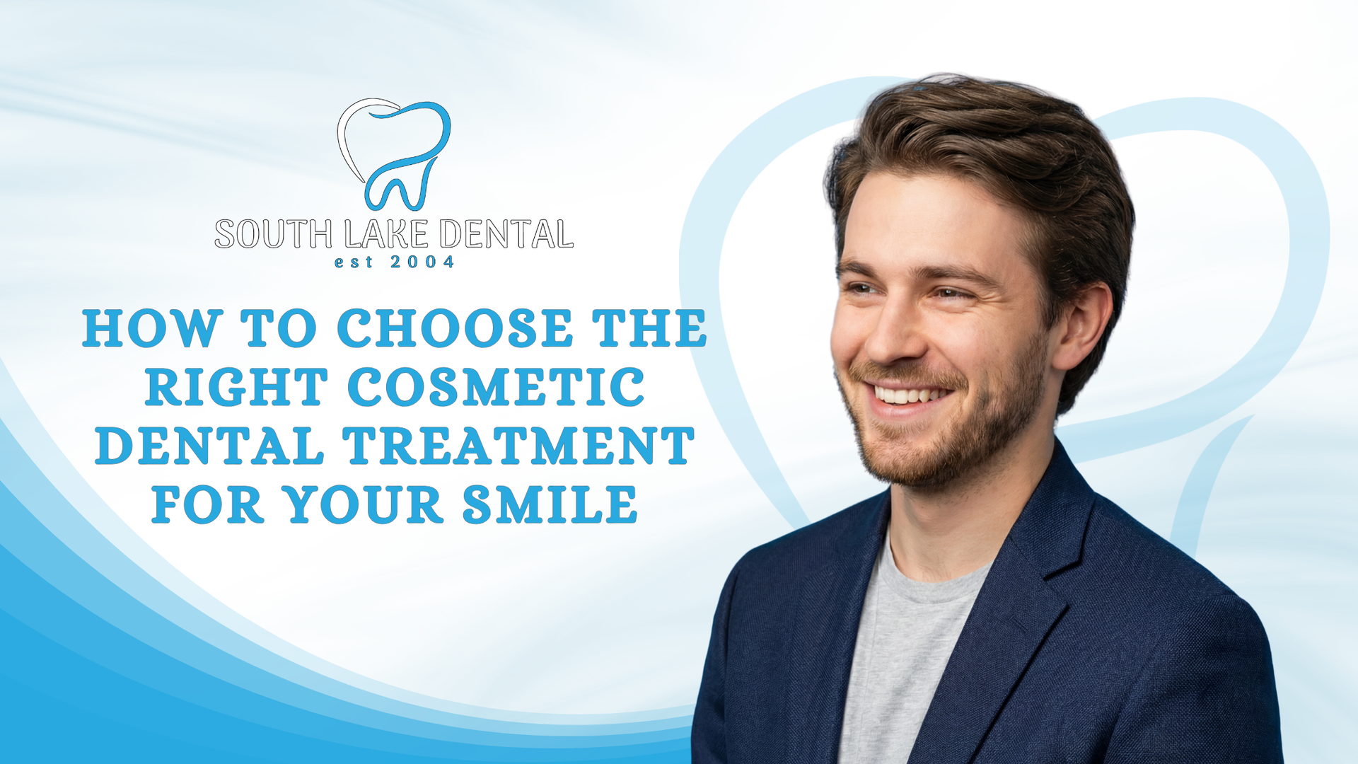 Dental clinic promo with smiling man on blue background: “How to choose the right cosmetic dental treatment for your smile”