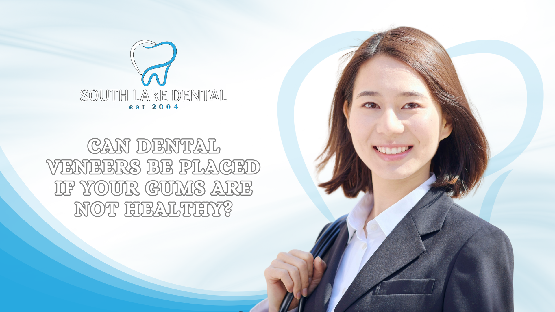 South Korea Dental Clinic ad with smiling dentist, white and blue background, and contact details