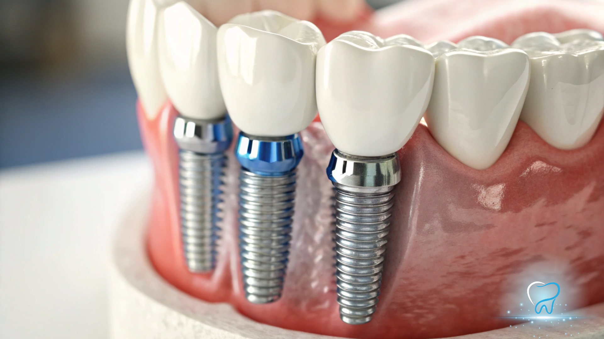 Dental implant model showing three titanium implants supporting white teeth in pink gums