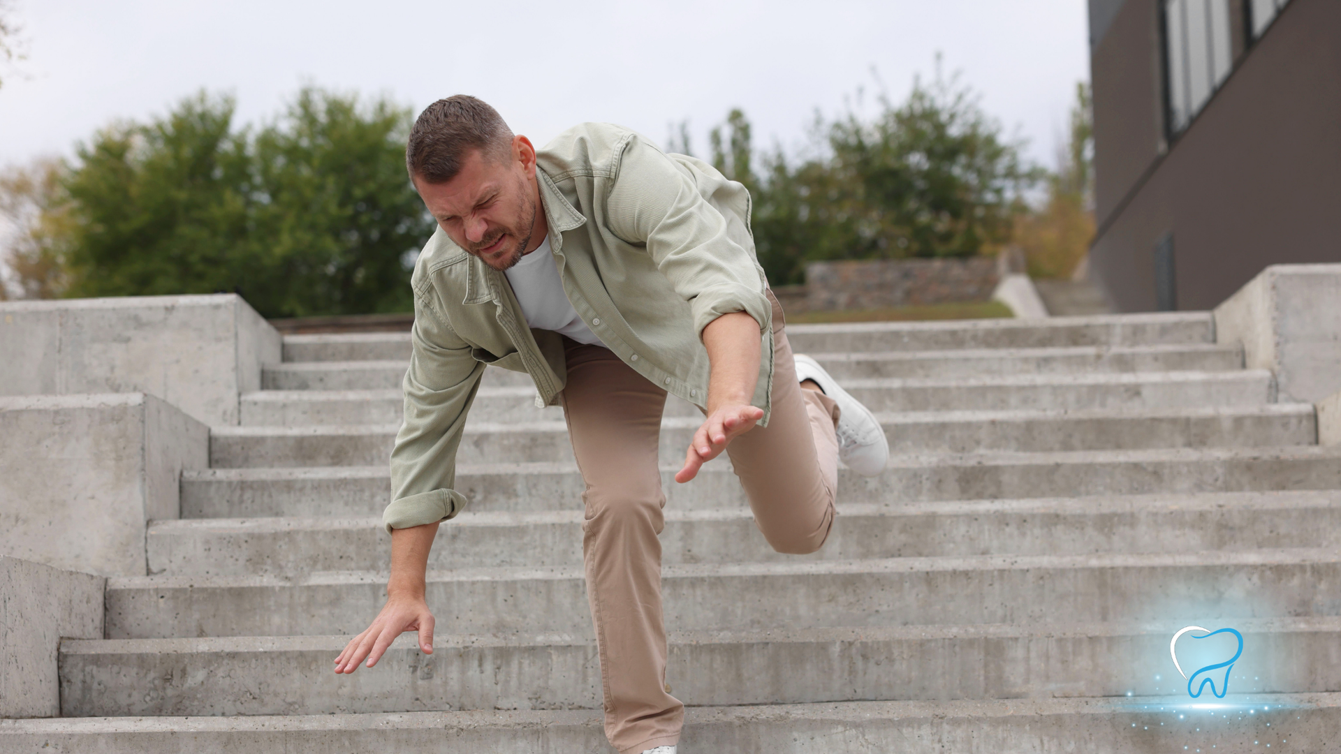 Man stumbling down outdoor concrete steps, reaching out to catch balance