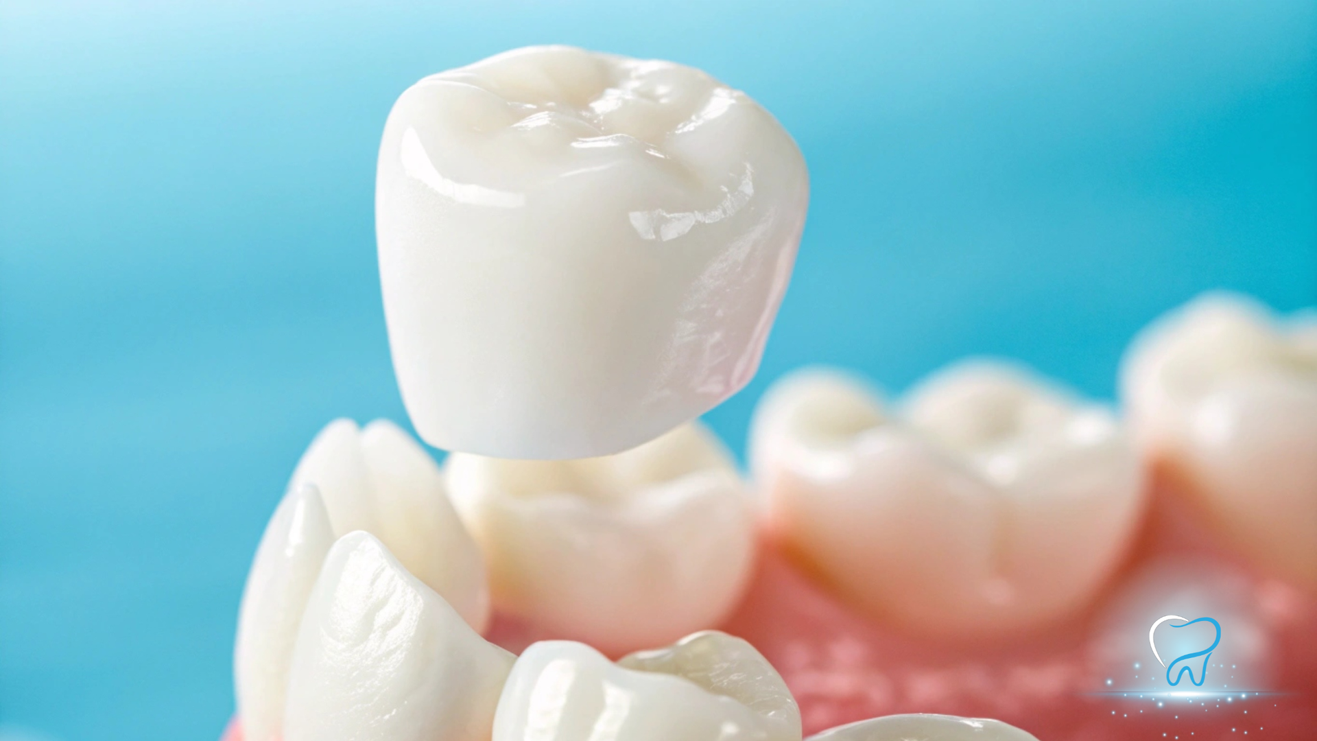 Close-up of a dental crown on a tooth with other teeth and gums against a blue background