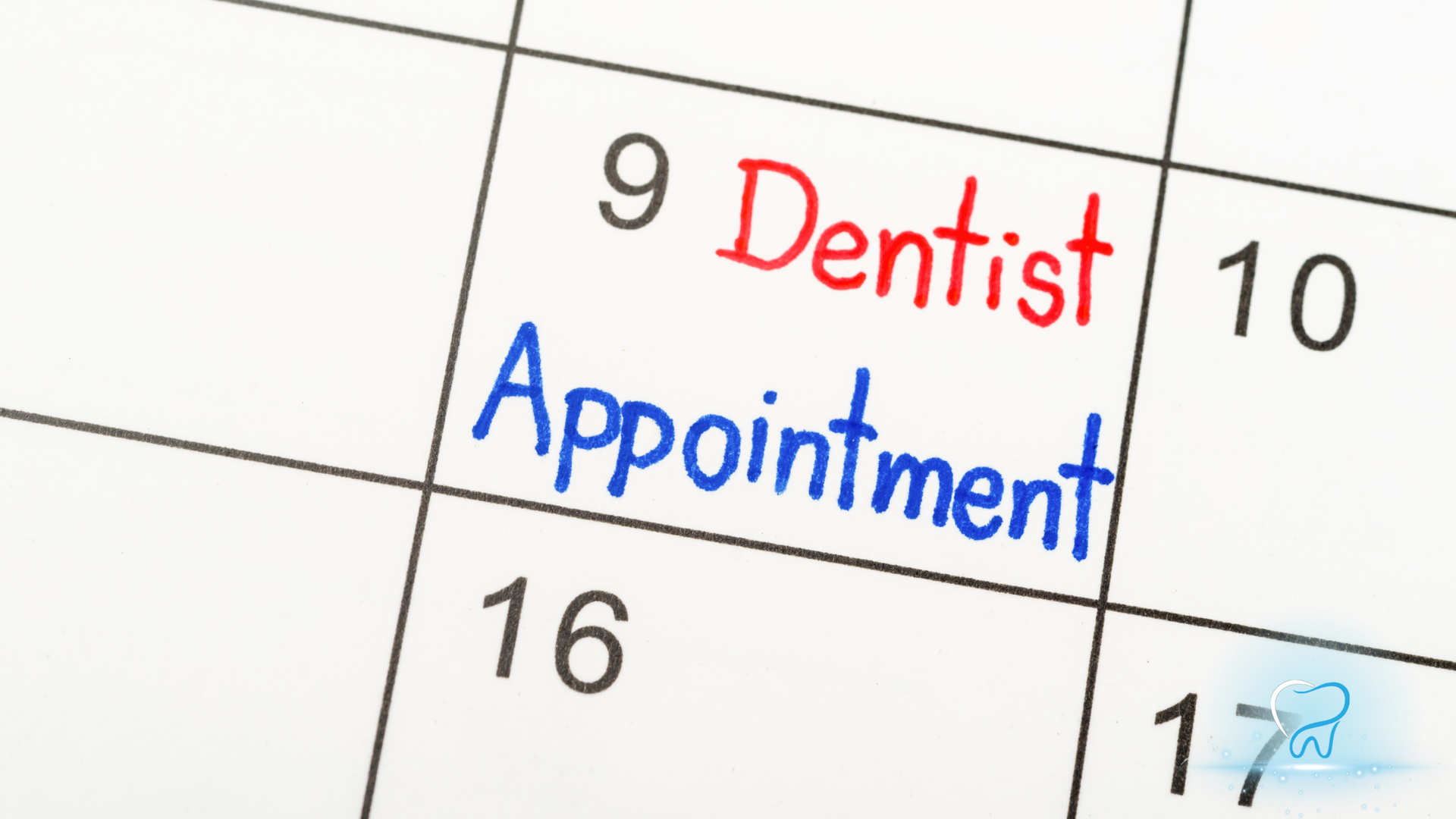 Calendar square with red “Dentist” and blue “Appointment” on the 9th, tilted on a monthly grid.