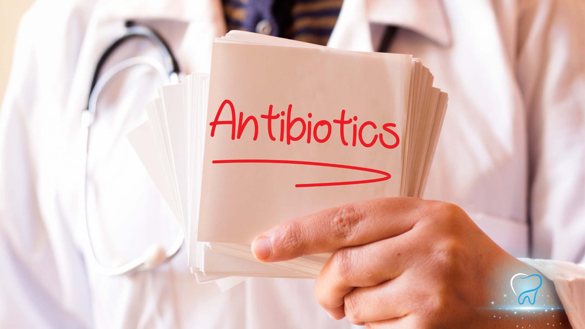 Doctor holding a note labeled “Antibiotics” with a red arrow