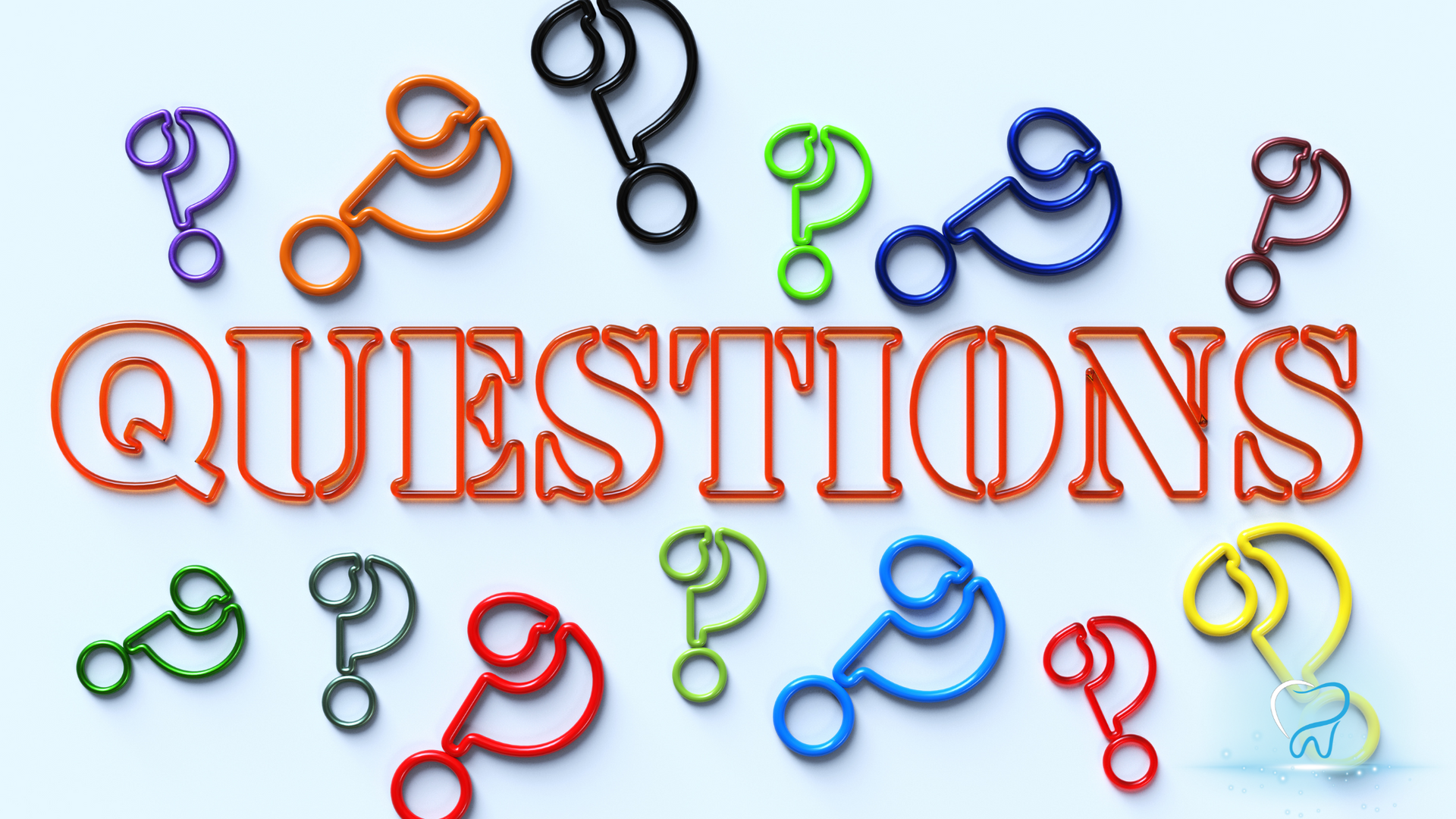 Colorful question marks above the word “QUESTIONS” on a light background