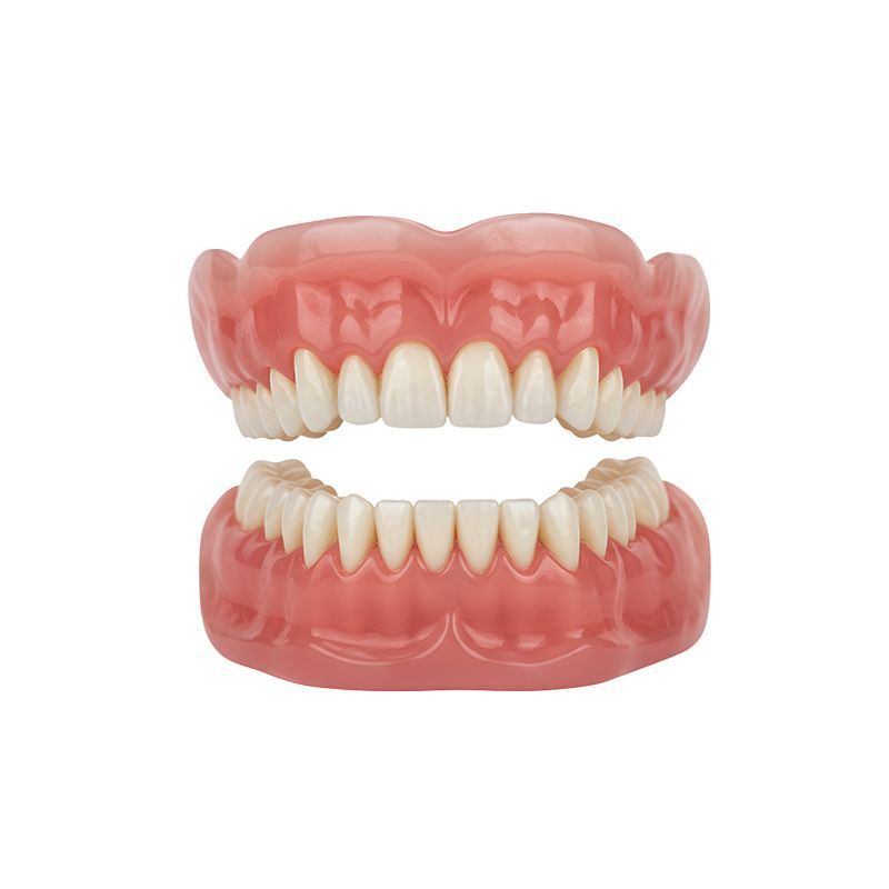Upper and lower pink dentures with white teeth, shown open against a white background