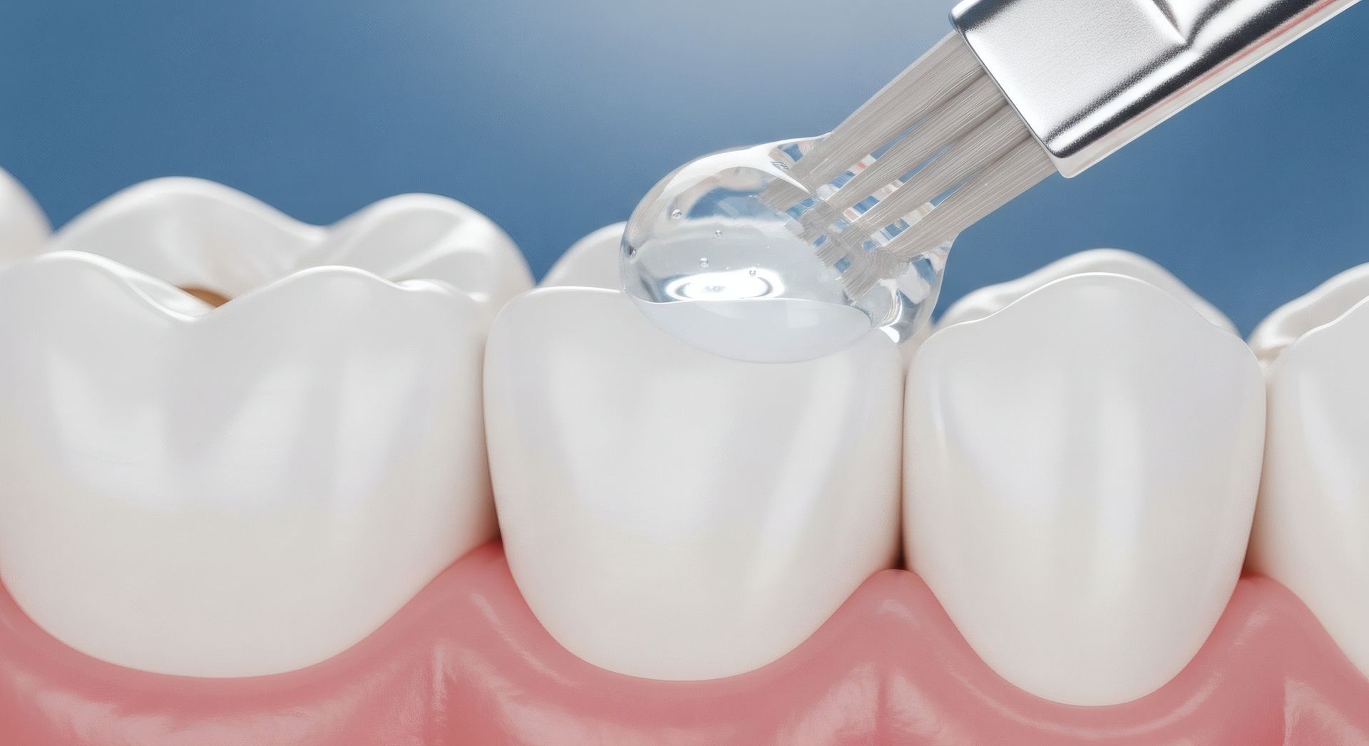 Dental floss cleaning between white teeth with a tool over pink gums