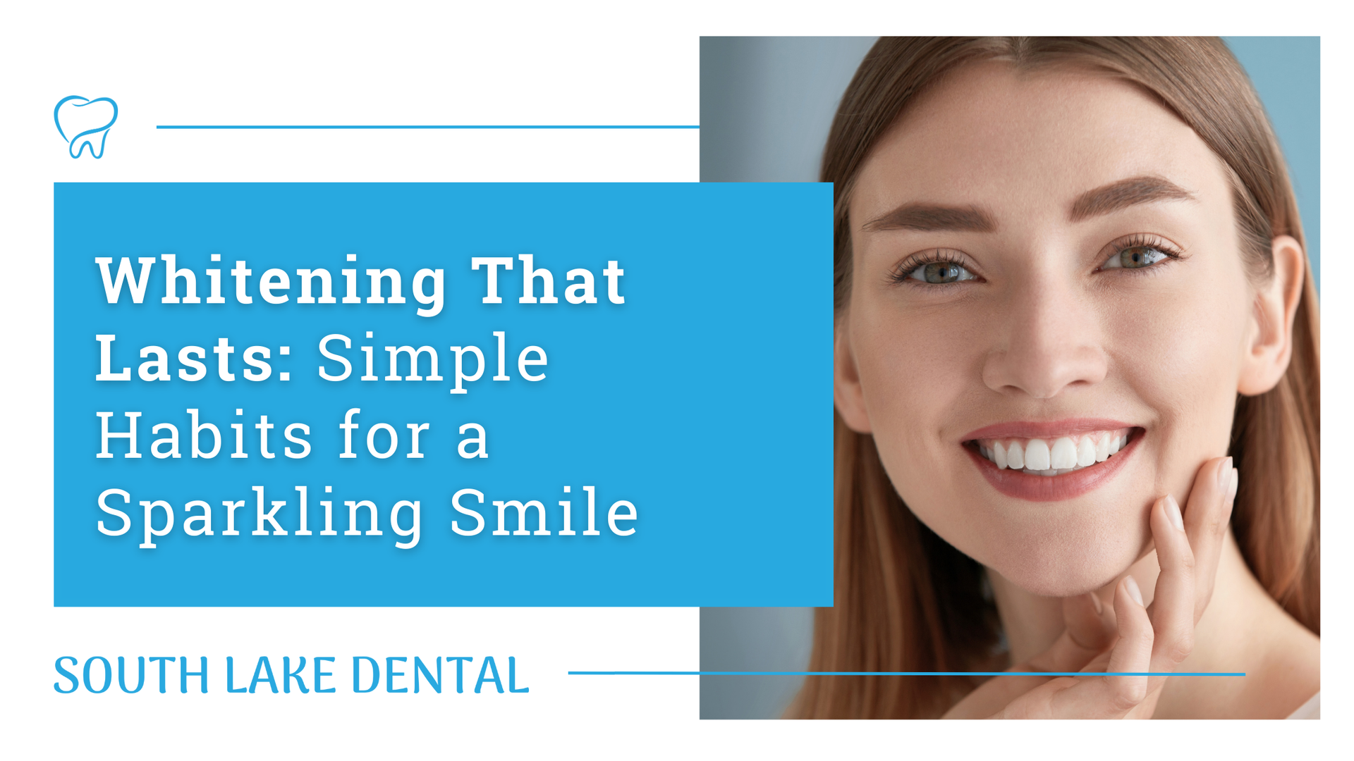 Dental ad promoting whitening for a sparkling smile, with smiling woman and blue text block.