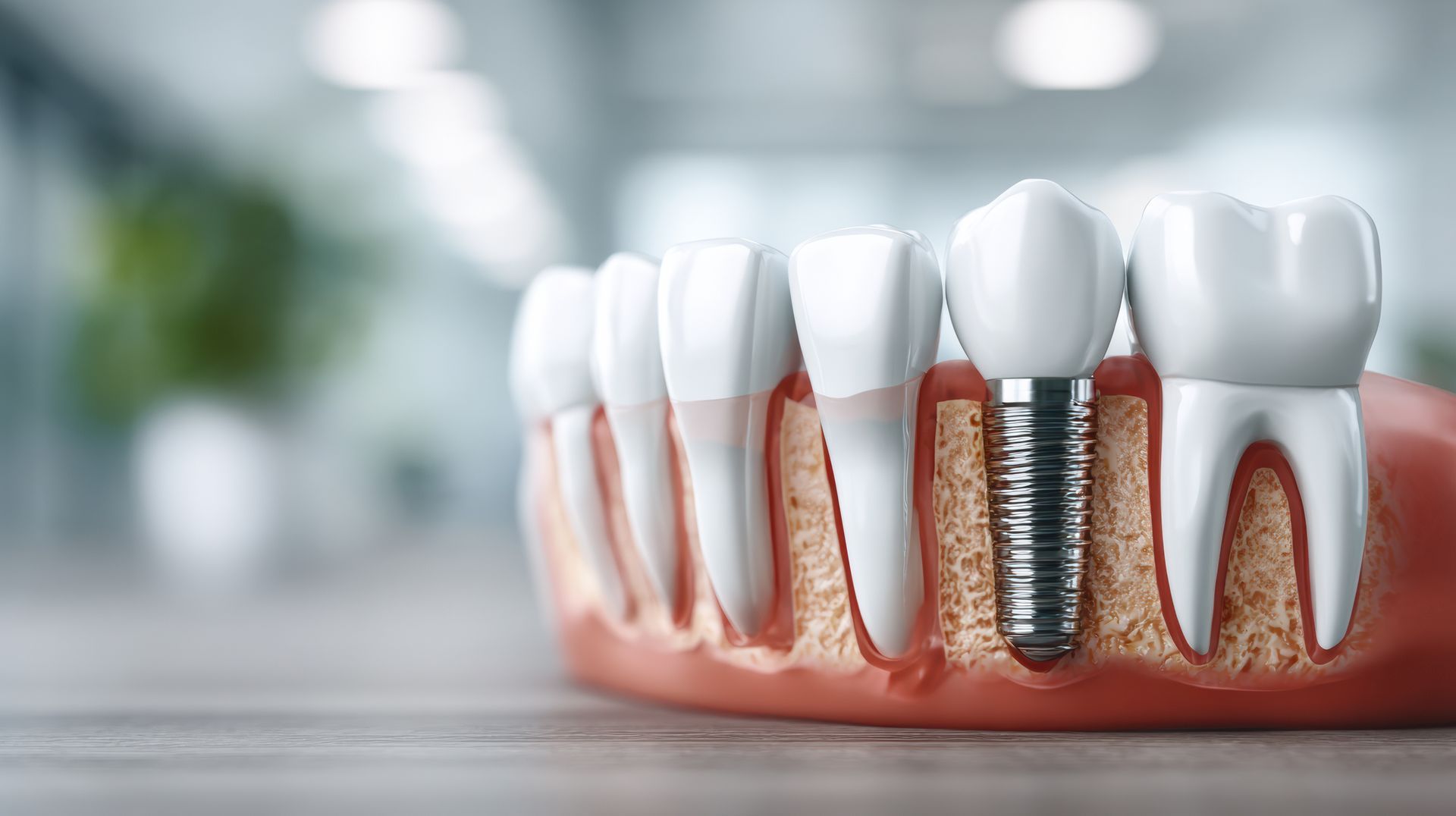 Dental implant model with white teeth, pink gums, and a visible metal implant in the jaw cross-section