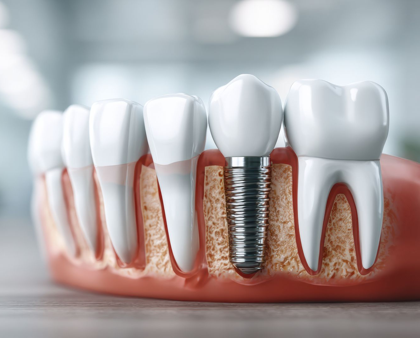 Dental implant between white teeth in a pink gum model, showing a metal screw fixture