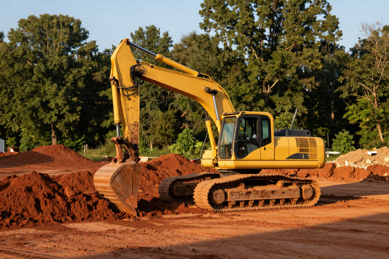 Yellow excavator digging red dirt at a construction site with trees in the background Yellow excavator digging red dirt at a construction site with trees in the background