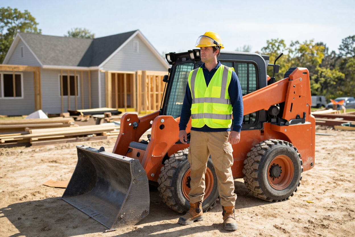 Construction worker in neon vest and hard hat standing by orange skid steer at a house build site Construction worker in neon vest and hard hat standing by orange skid steer at a house build site
