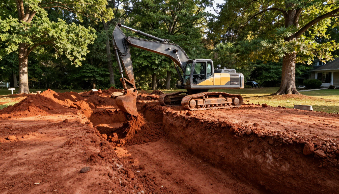 Excavator digging a deep trench of red soil on a tree-lined residential lot Excavator digging a deep trench of red soil on a tree-lined residential lot