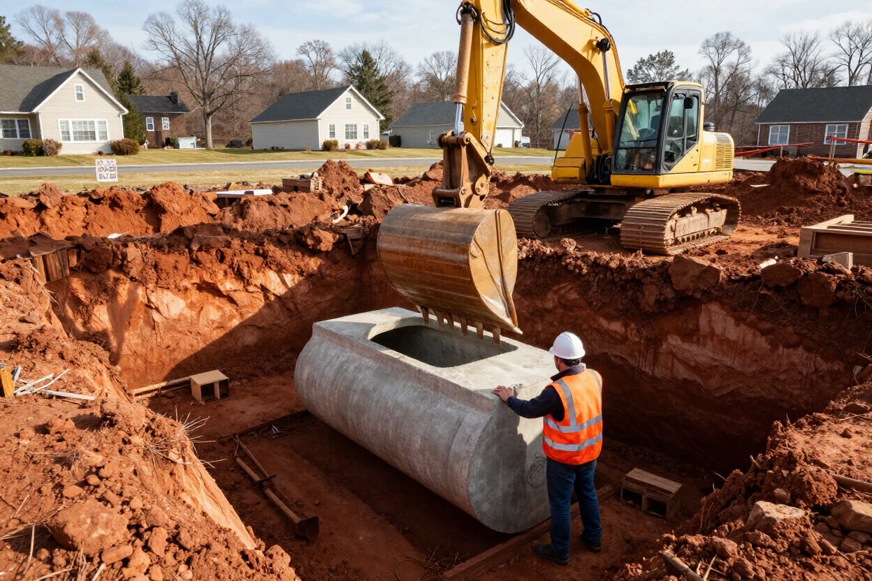Construction worker beside excavator installing a large concrete pipe in a red dirt trench Construction worker beside excavator installing a large concrete pipe in a red dirt trench