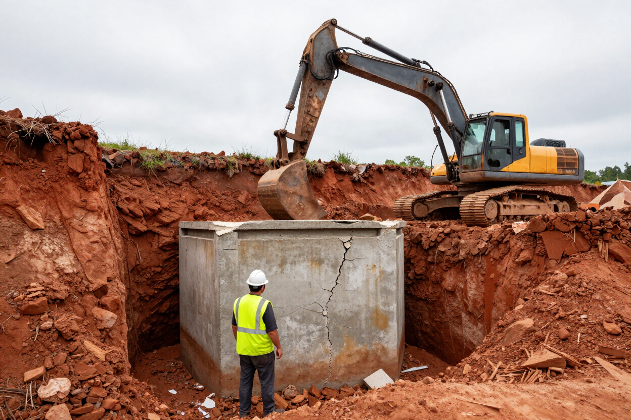 Construction worker inspecting a concrete underground tank as an excavator digs in red clay soil Construction worker inspecting a concrete underground tank as an excavator digs in red clay soil