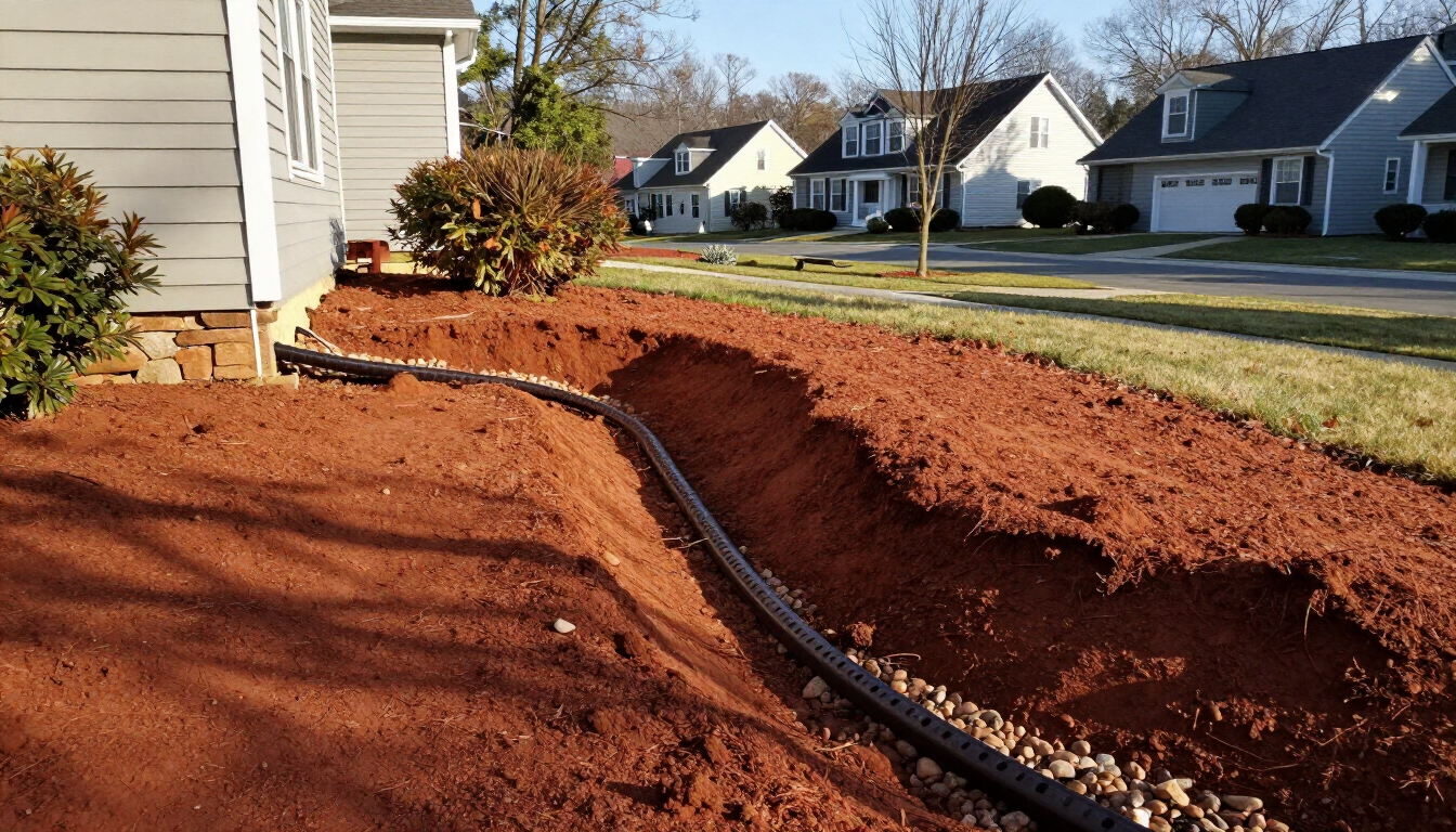 Red dirt trench and black pipe beside a suburban house, with a lawn and homes in the background Red dirt trench and black pipe beside a suburban house, with a lawn and homes in the background