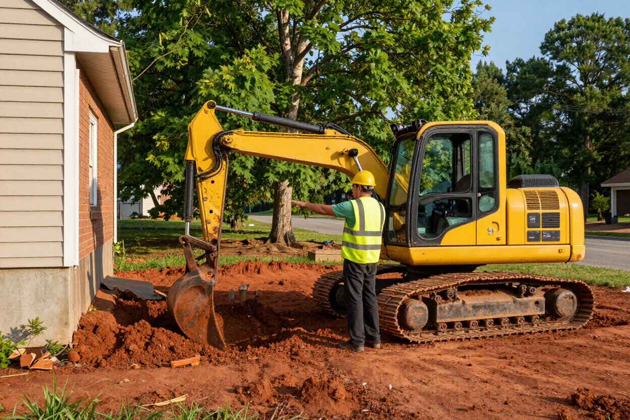 Yellow excavator digging beside a house while a worker in a safety vest stands nearby on red dirt Yellow excavator digging beside a house while a worker in a safety vest stands nearby on red dirt