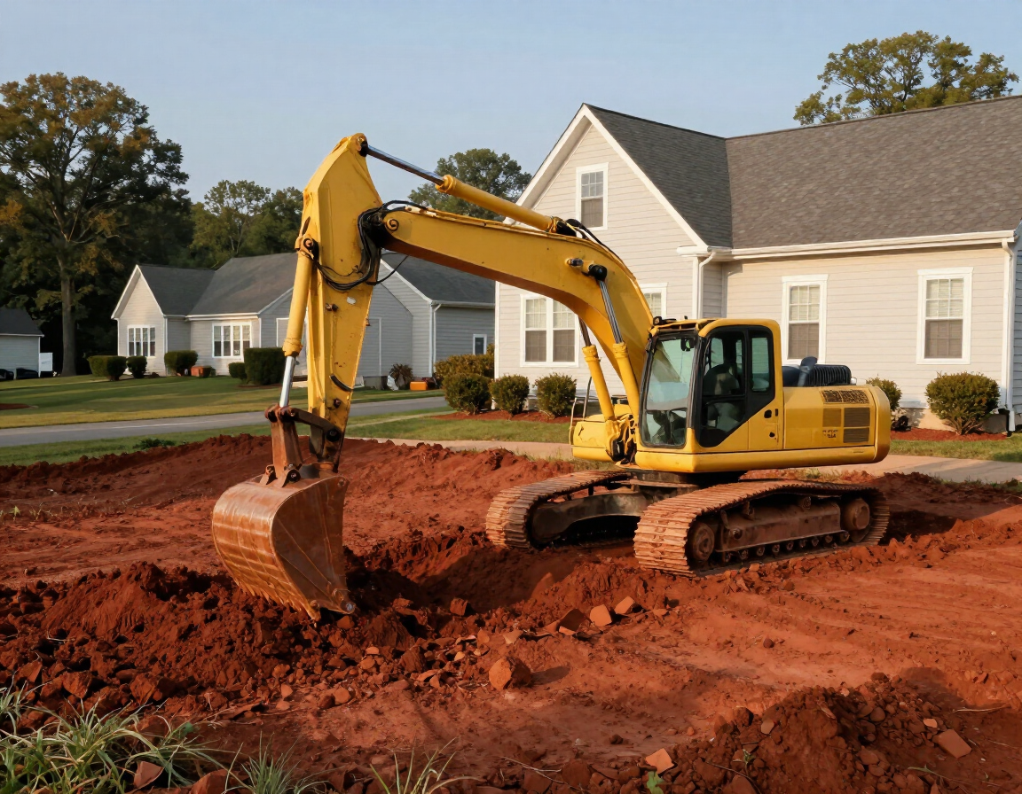 Excavator grading a sloped residential lot in West Chester, PA during site preparation