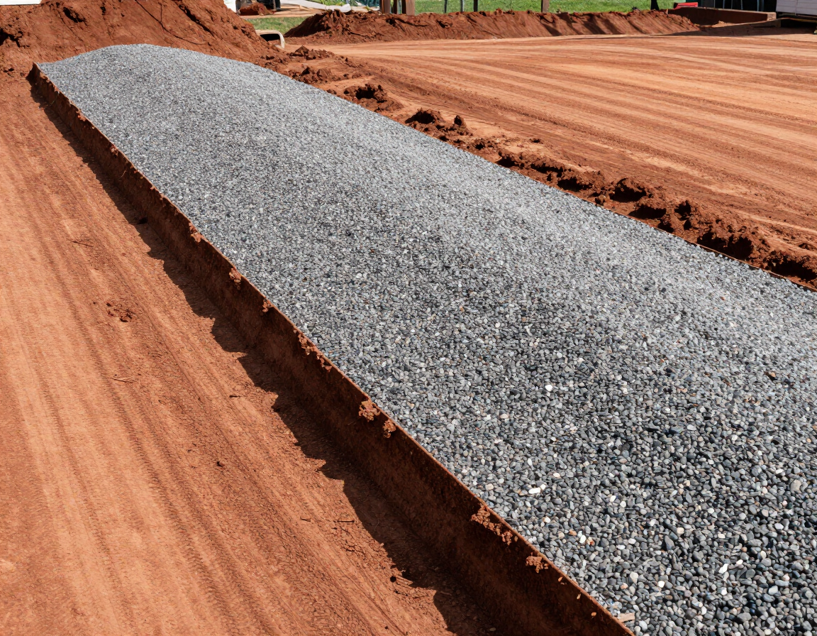 Freshly graded gravel base for a residential driveway with red-clay soil cut at the edges in Chester County, PA