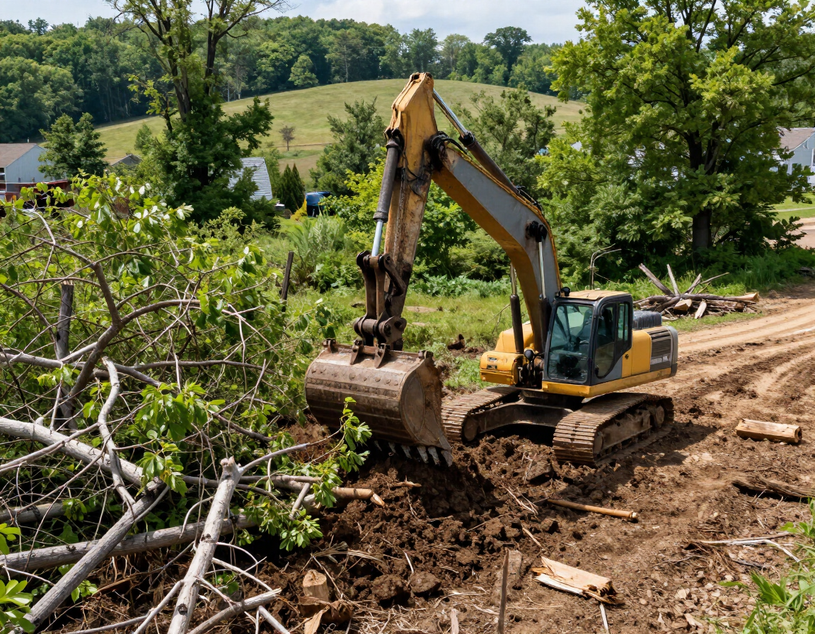 Excavator with grapple attachment clearing downed trees and brush on a residential lot in Chester County, PA