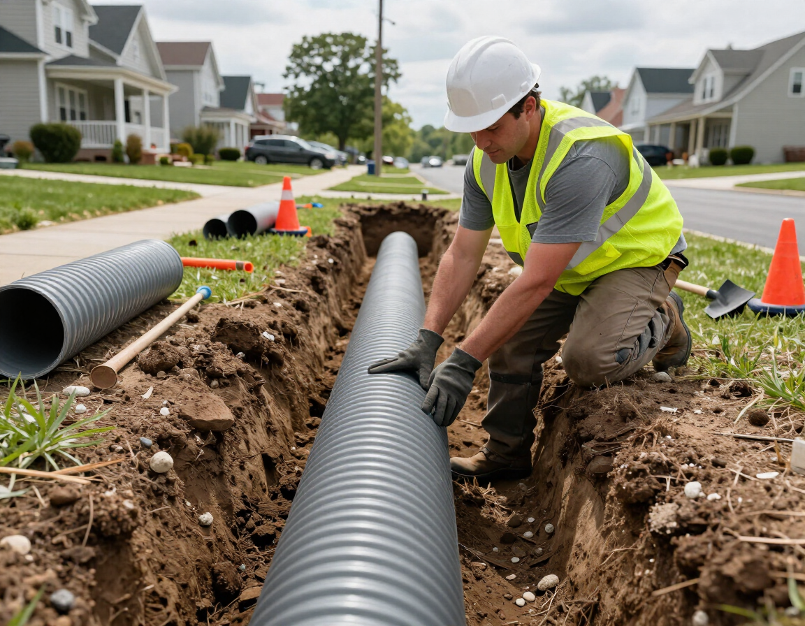 Crew member placing corrugated drainage pipe in a trench during stormwater drainage installation in Chester County, PA