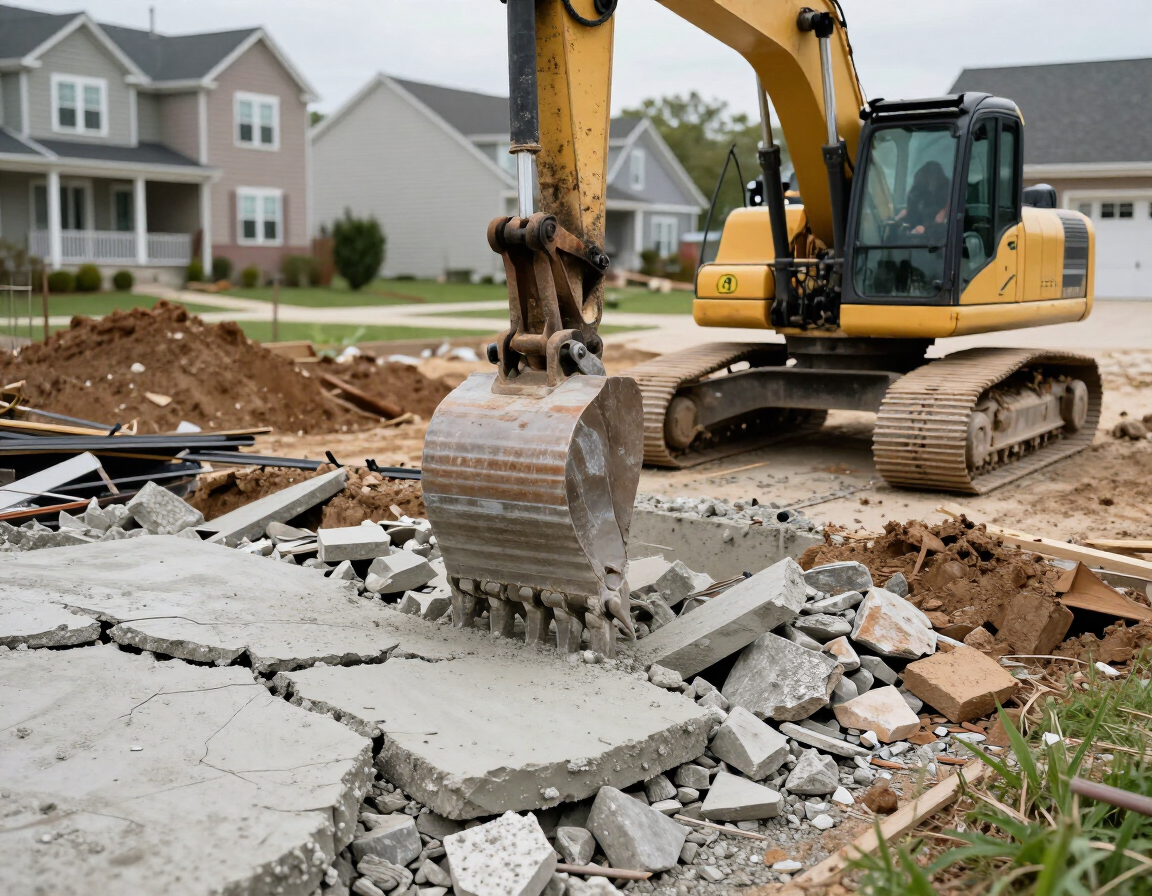 Excavator with breaker demolishing a concrete slab with debris staged for removal in Chester County, PA