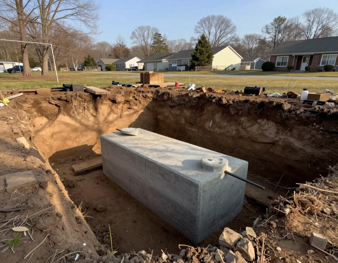 Open trench showing septic tank placement preparation with clay soil walls on a residential lot in West Chester, PA