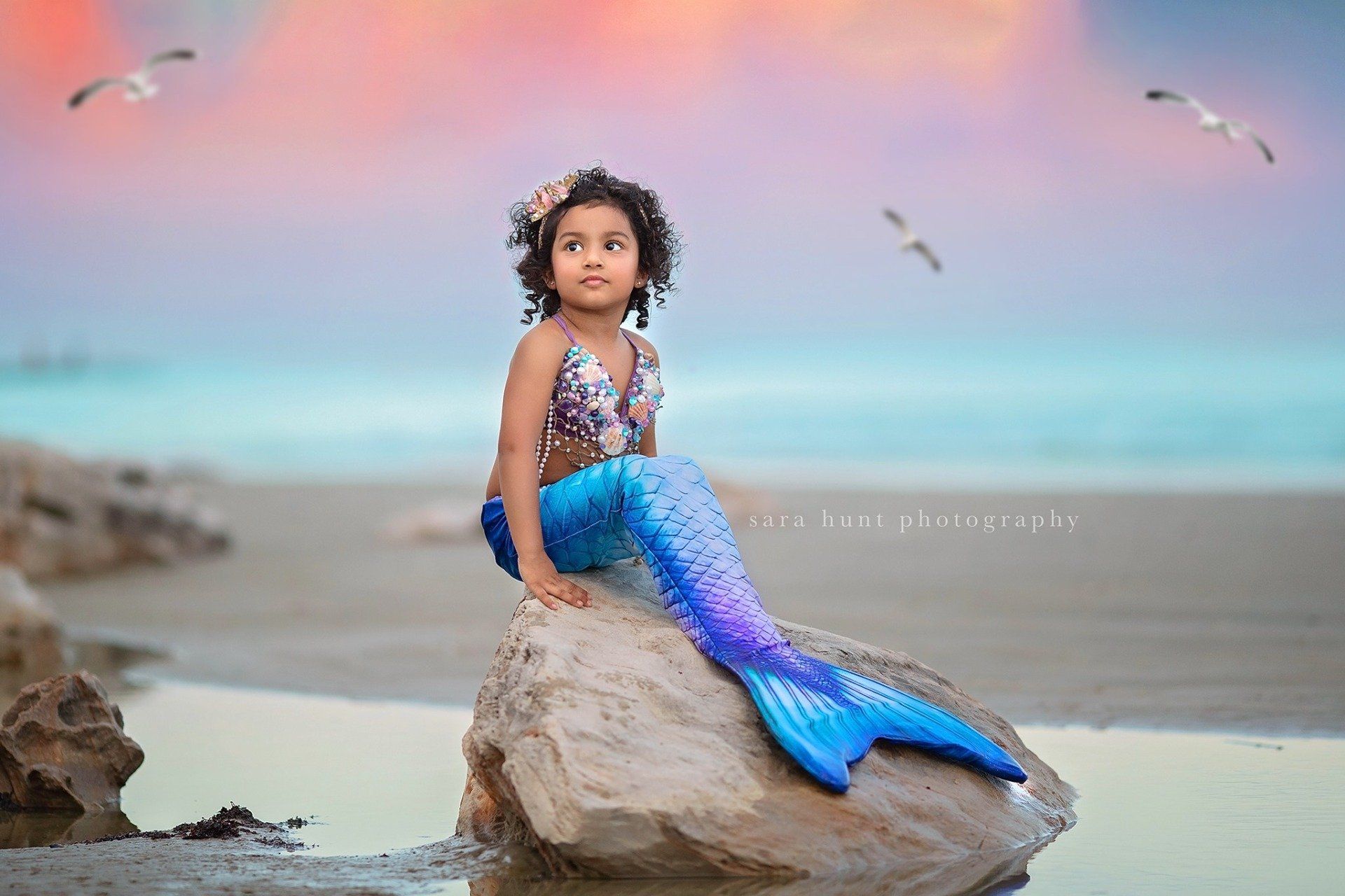 Girl with curly hair in mermaid costume — Pearland, TX — Sara Hunt Photography