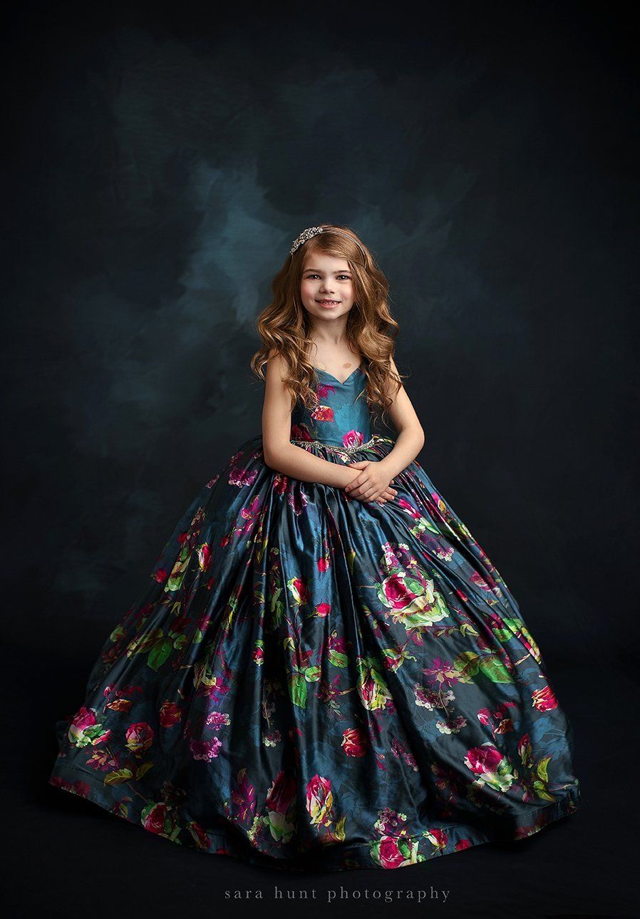 Girl in blue floral silk gown — Pearland, TX — Sara Hunt Photography
