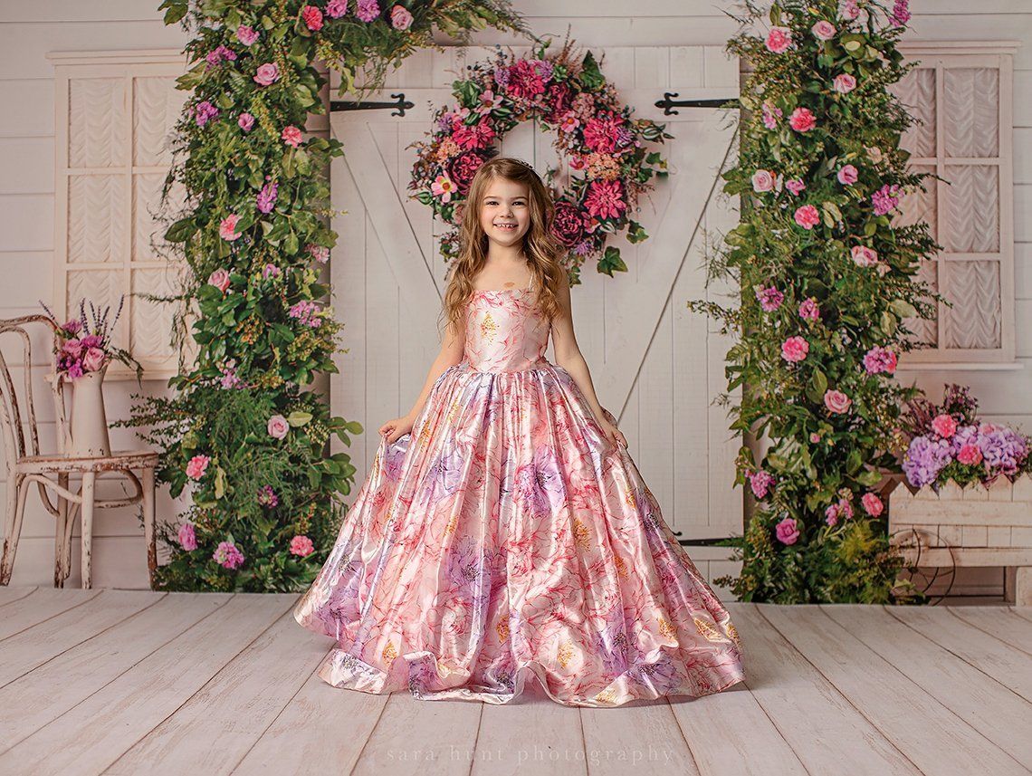 Pretty girl in pink and floral silk dress — Pearland, TX — Sara Hunt Photography