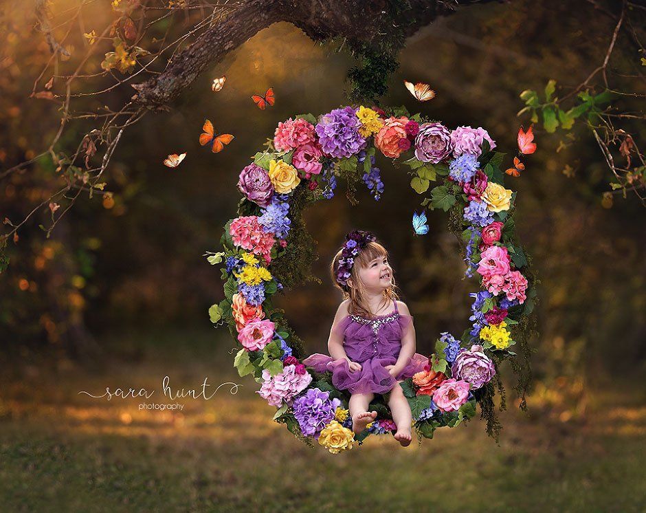 Cute girl sitting on a flower swing — Pearland, TX — Sara Hunt Photography
