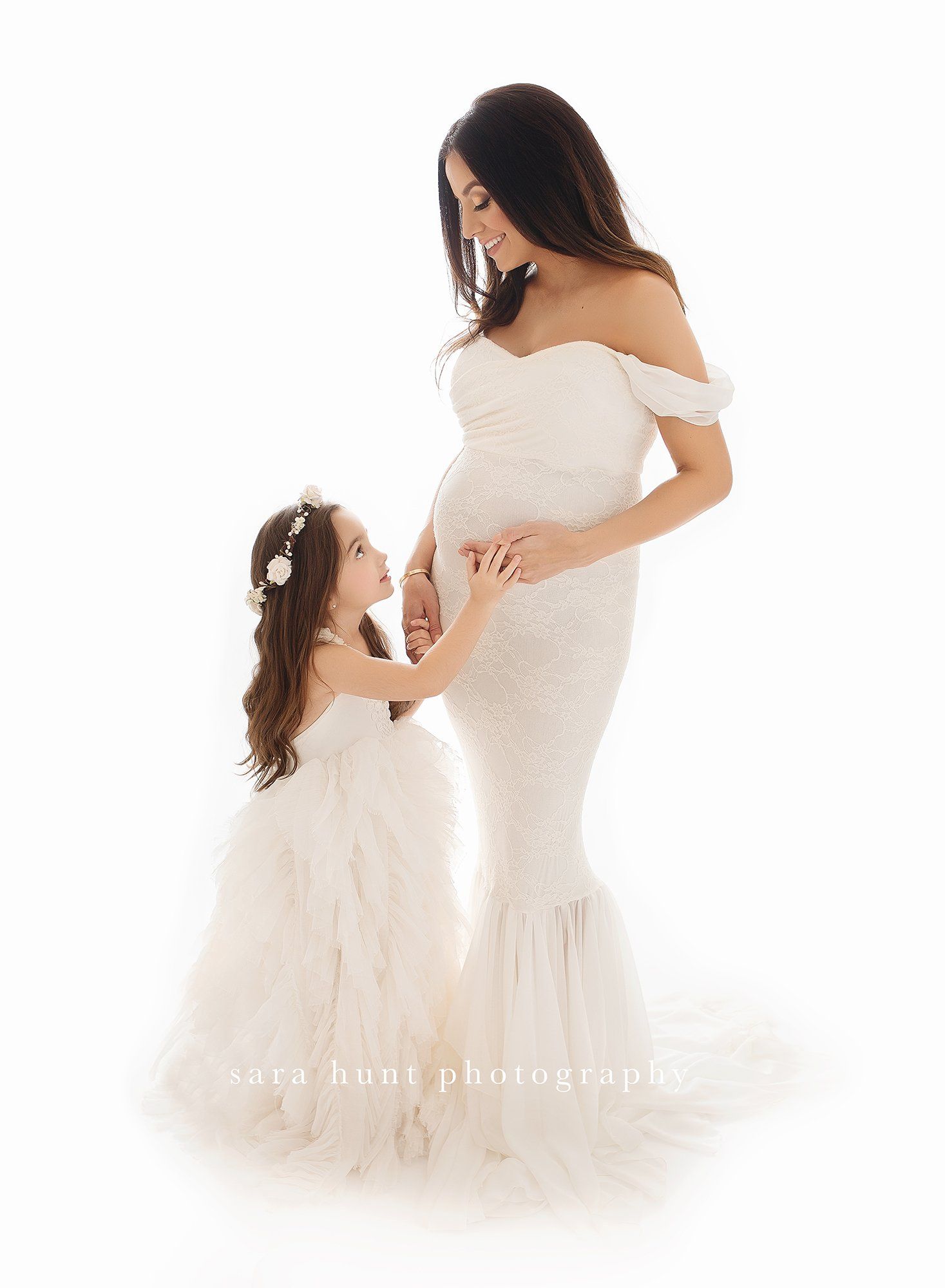 Full body shot of mother and daughter in white dresses — Pearland, TX — Sara Hunt Photography