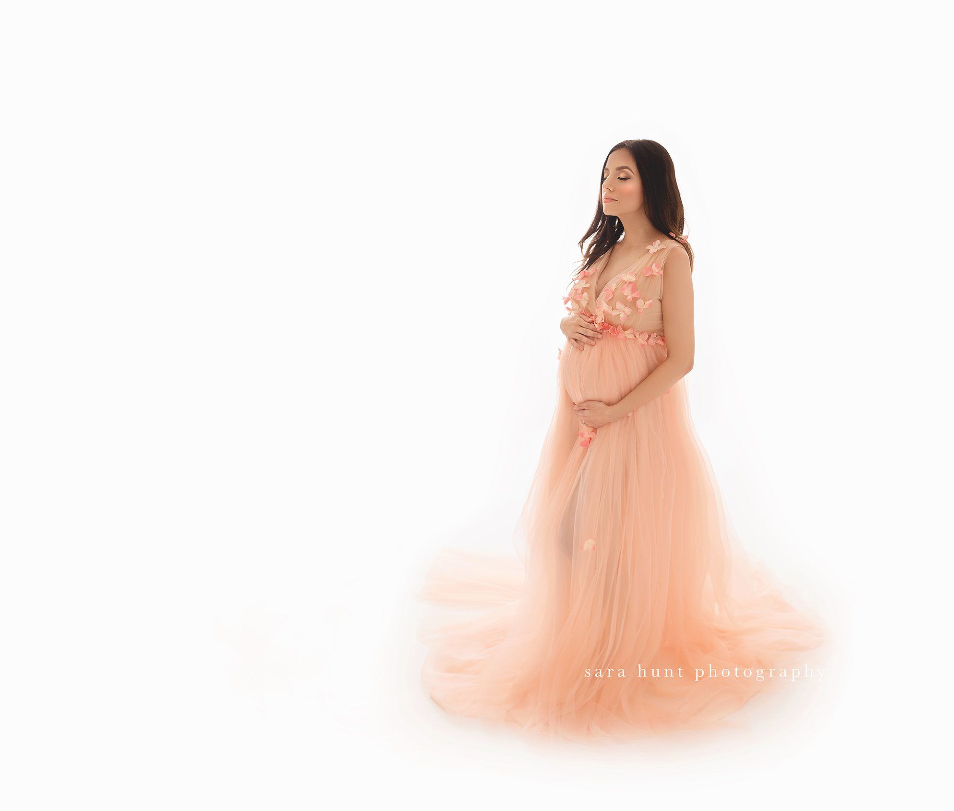 Pregnant woman wearing peach dress — Pearland, TX — Sara Hunt Photography