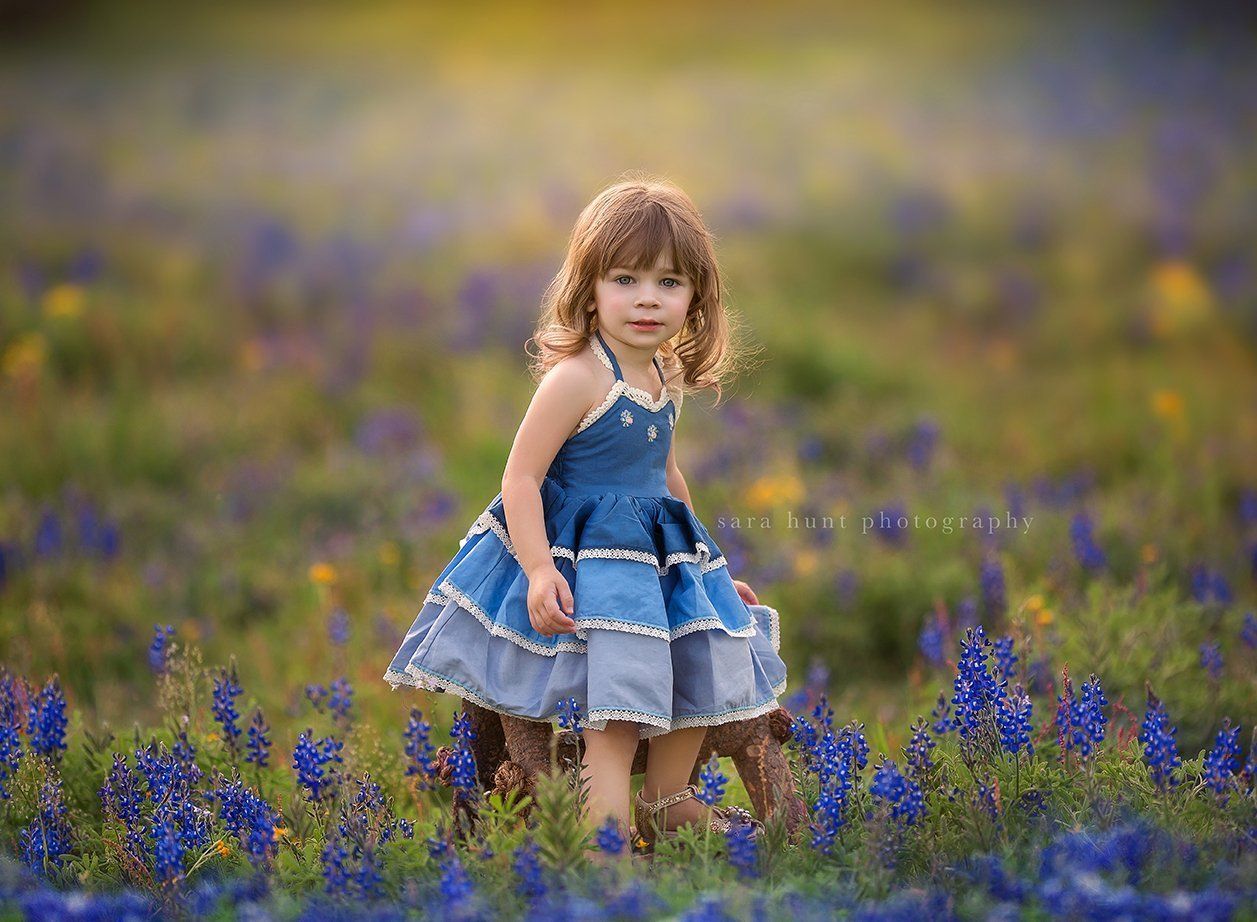 Pretty girl in blue doll-cake design dress — Pearland, TX — Sara Hunt Photography