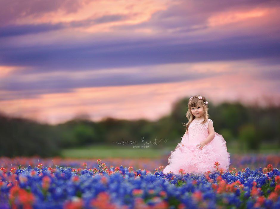 Girl on pink dress on bluebonnet field — Pearland, TX — Sara Hunt Photography