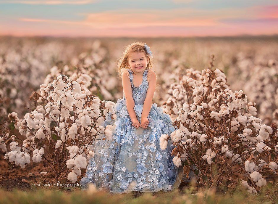 Girl in blue dress sitting — Pearland, TX — Sara Hunt Photography