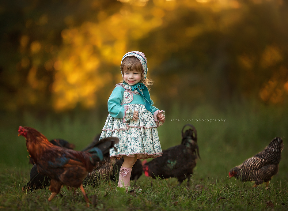 Girl playing with chickens — Pearland, TX — Sara Hunt Photography
