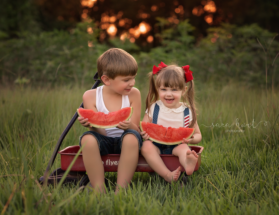 Siblings eating watermelon — Pearland, TX — Sara Hunt Photography