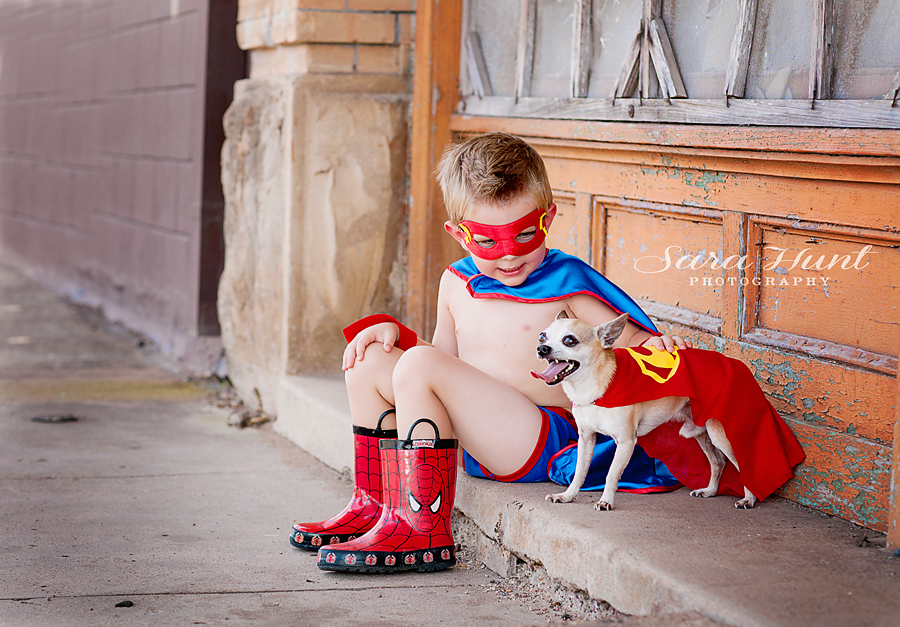 Superhero Birthday Photo — Kid with Costume and Dog in Pearland, TX