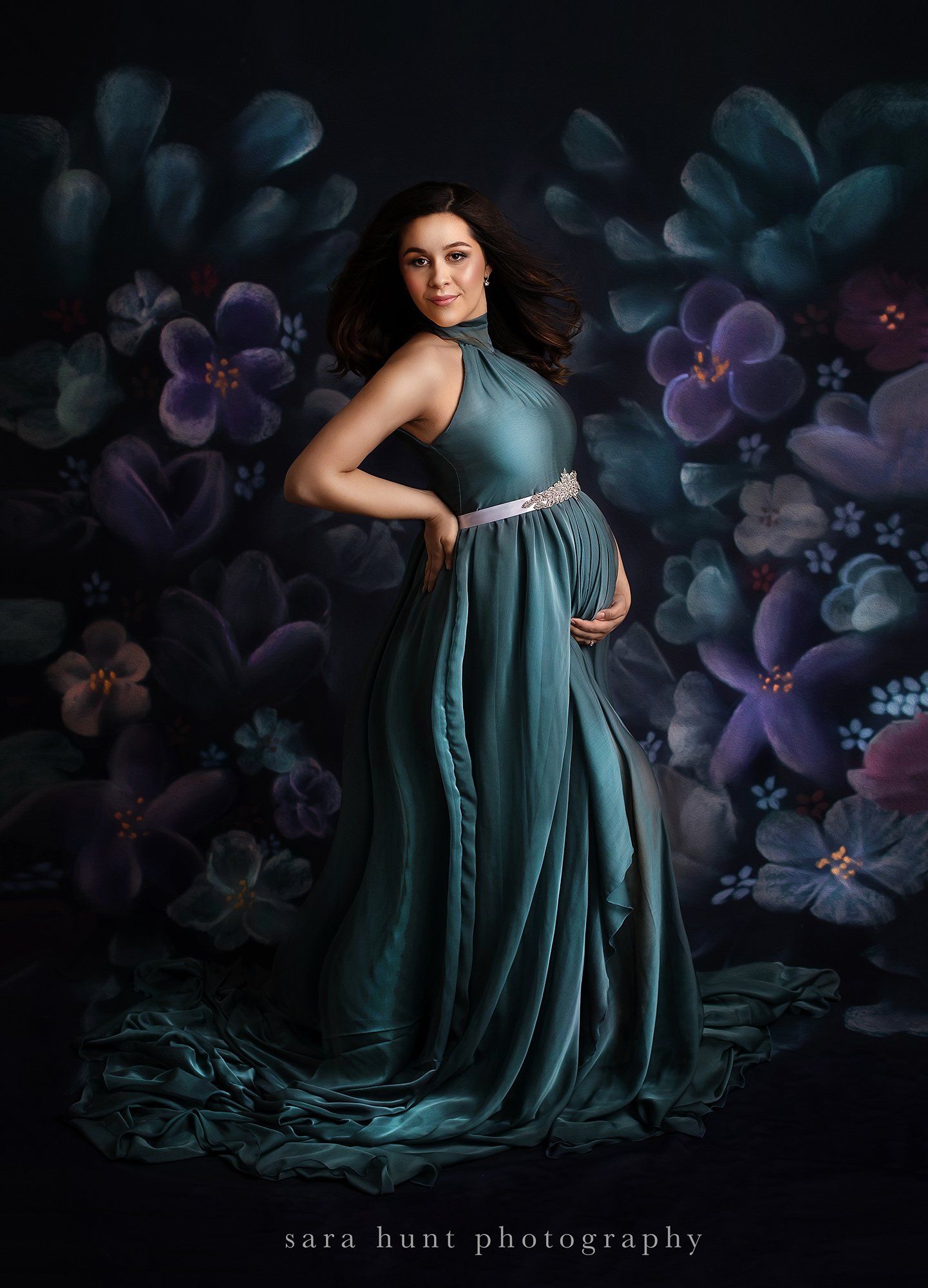 Pregnant woman wearing dark blue dress — Pearland, TX — Sara Hunt Photography