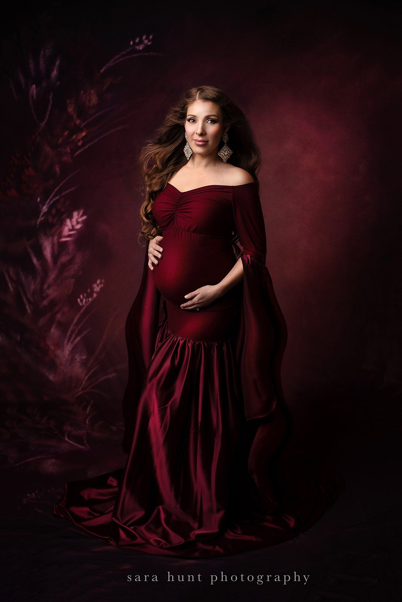 Pregnant woman wearing burgundy dress — Pearland, TX — Sara Hunt Photography