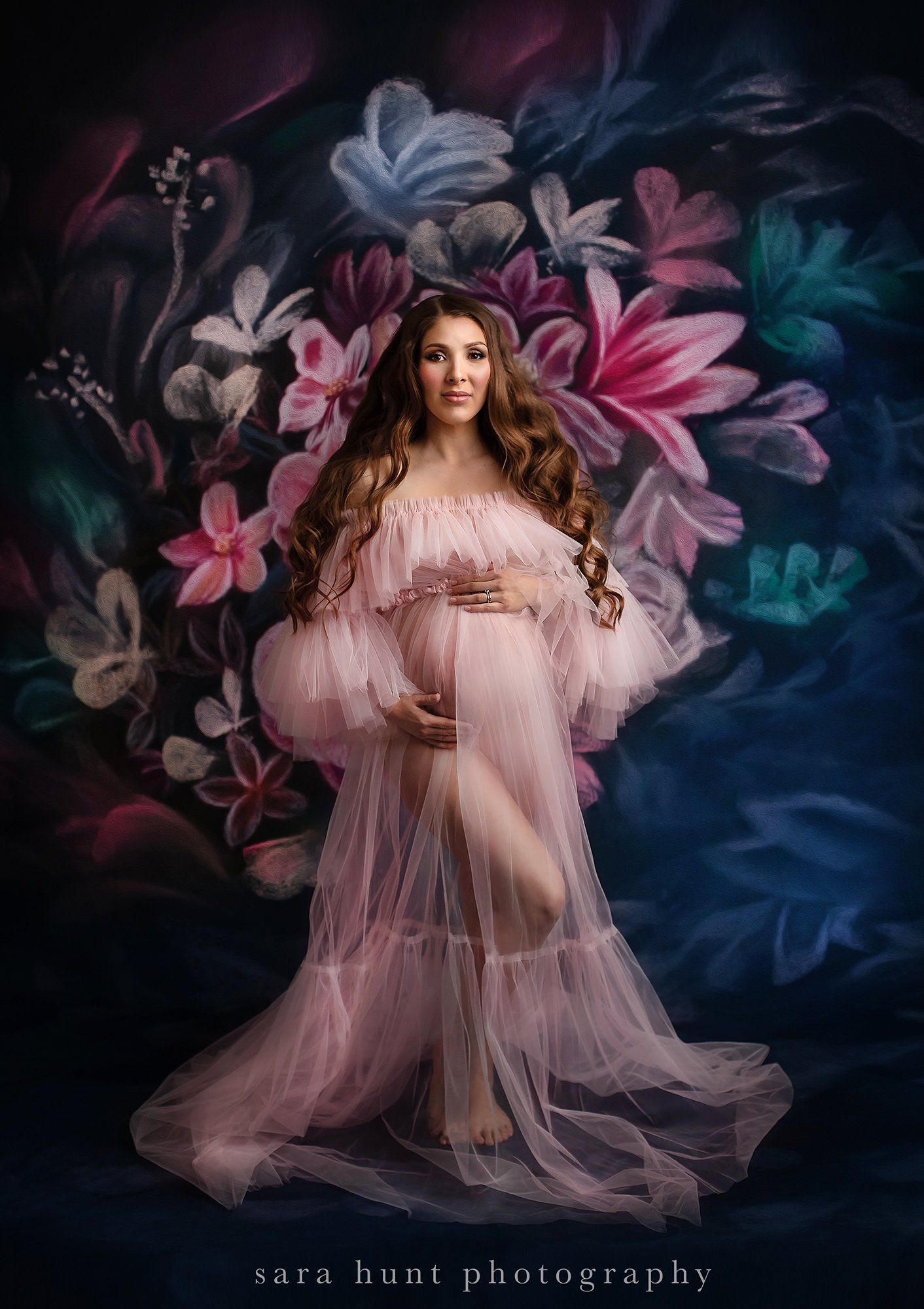 Pregnant woman wearing pink mesh dress — Pearland, TX — Sara Hunt Photography