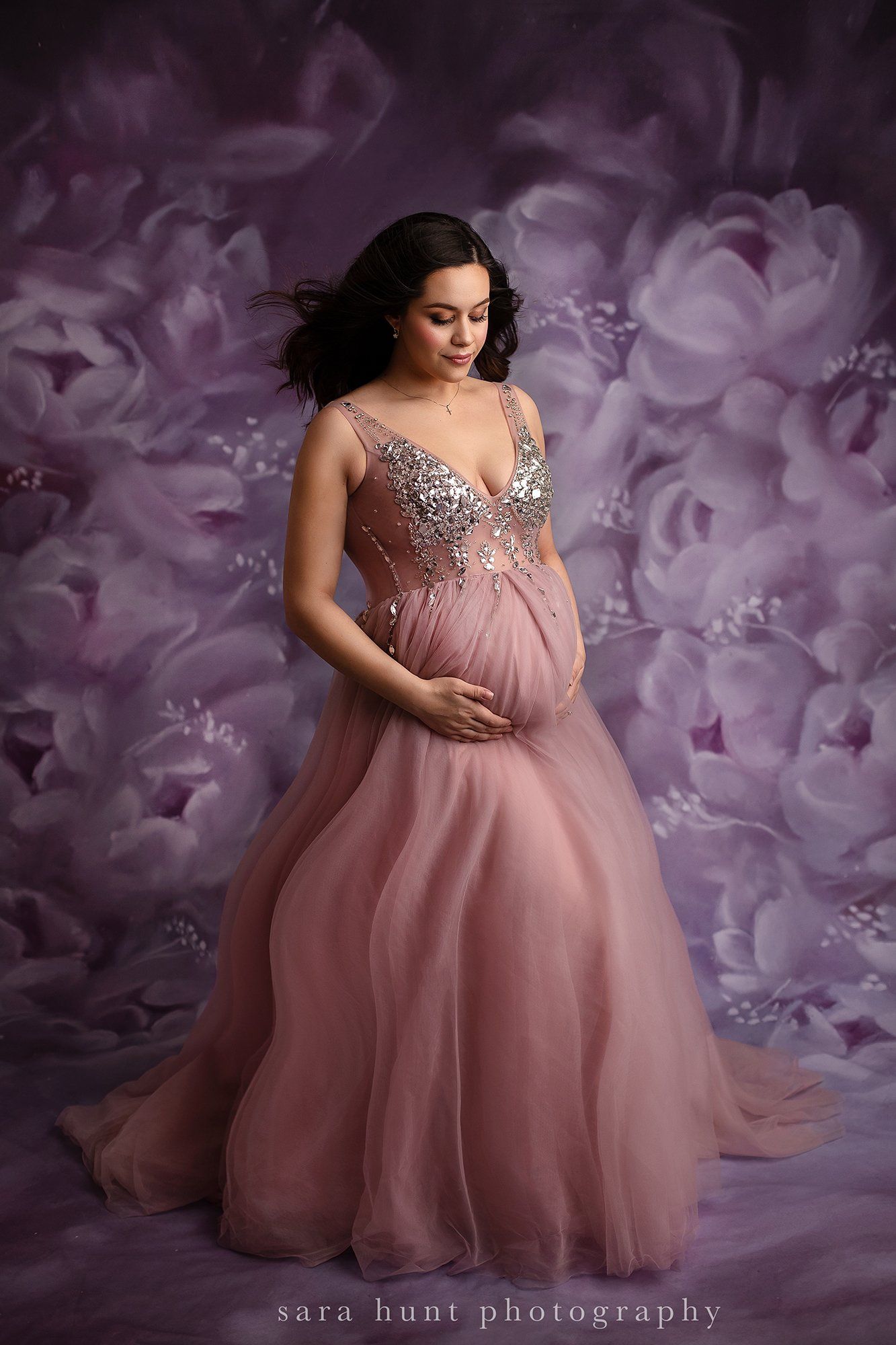 Pregnant woman wearing pink dress with sequin at the top — Pearland, TX — Sara Hunt Photography