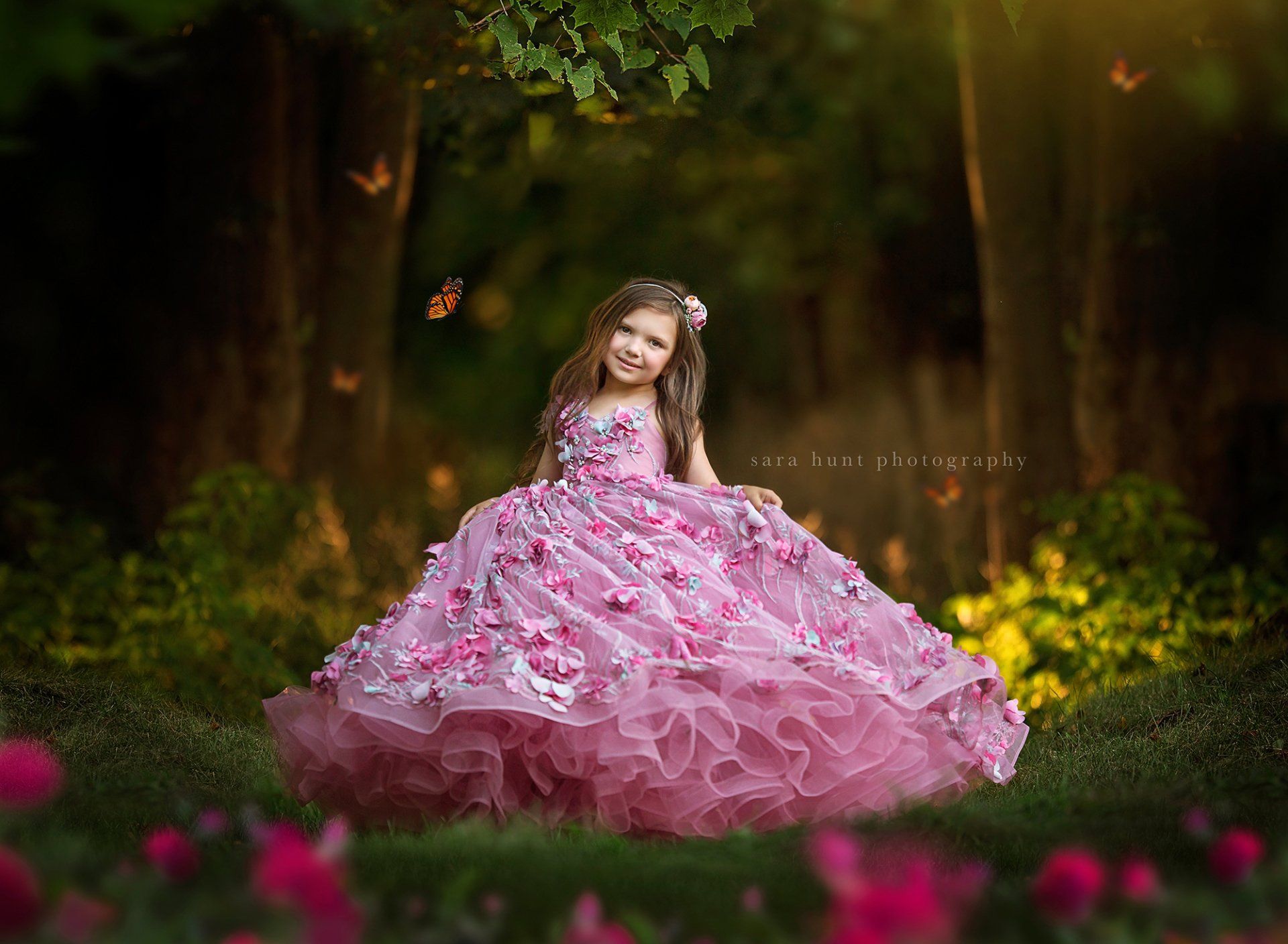 Pretty girl wearing pink gown with butterflies — Pearland, TX — Sara Hunt Photography