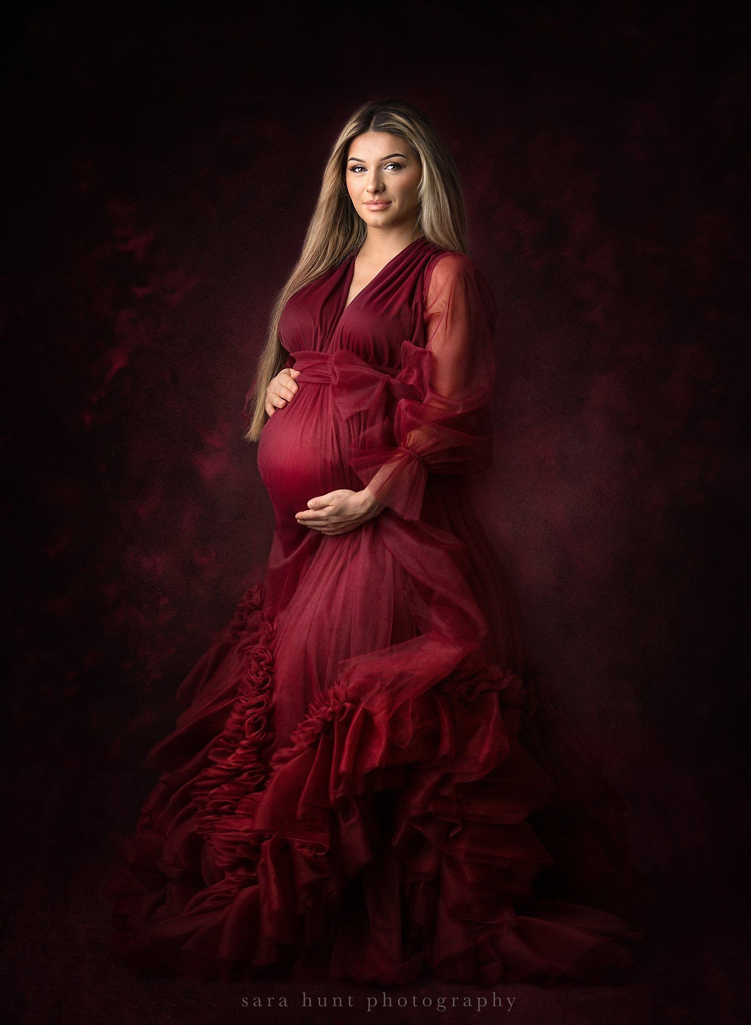 Maternity shot of woman in red dress — Pearland, TX — Sara Hunt Photography